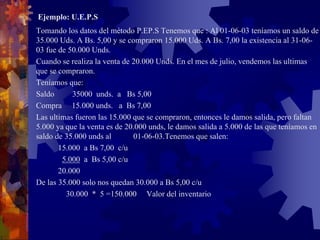 Ejemplo: U.E.P.S 
Tomando los datos del método P.EP.S Tenemos que : Al 01-06-03 teníamos un saldo de 
35.000 Uds. A Bs. 5,00 y se compraron 15.000 Uds. A Bs. 7,00 la existencia al 31-06- 
03 fue de 50.000 Unds. 
Cuando se realiza la venta de 20.000 Unds. En el mes de julio, vendemos las ultimas 
que se compraron. 
Teníamos que: 
Saldo 35000 unds. a Bs 5,00 
Compra 15.000 unds. a Bs 7,00 
Las ultimas fueron las 15.000 que se compraron, entonces le damos salida, pero faltan 
5.000 ya que la venta es de 20.000 unds, le damos salida a 5.000 de las que teníamos en 
saldo de 35.000 unds al 01-06-03.Tenemos que salen: 
15.000 a Bs 7,00 c/u 
5.000 a Bs 5,00 c/u 
20.000 
De las 35.000 solo nos quedan 30.000 a Bs 5,00 c/u 
30.000 * 5 =150.000 Valor del inventario 
 