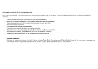 Criterios de evaluación Área Ciencias Naturales.
En el momento de evaluar a los niños se tendrá en cuenta los aprendizajes tanto de conceptos como de competencias científicas, atendiendo los siguientes
aspectos:
- Trabajo grupal e individual, la participación áulica y la responsabilidad.
- Actitud de curiosidad y la disposición para plantear preguntas y anticipar respuestas.
- Capacidad para observar fenómenos y brindar explicaciones de lo aprendido.
- Uso de vocabulario específico.
- Participación en actividades experimentales.
- Producción y comprensión de textos informativos sencillos.
- Disposición para evaluar la propia producción, hacer ajustes, modificarlas, mejorarlas.
- Uso de los conocimientos aprendidos en la resolución de problemas cotidianos.
- Capacidad de escucha y respeto por las ideas y producciones de los otros.
Recursos materiales:
Biblioteca del aula y de la escuela. Libro UMI 2, Motor de ideas, Tucán Click.. Computadoras del Carrito Digital. Equipo de ciencias: lupas, pinzas, guantes,
frascos transparentes, etiquetas para rotular, bolsas de nilón, papeles afiches, cartulinas, fibrones, cinta adhesiva.
 