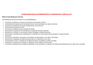 PLANIFICACIÓN ANUAL DE FORMACIÓN ÉTICA Y CIUDADANA DEL 2º AÑO DE LA UP
Metas de aprendizaje para este año:
Se pretende que los alumnos avancen en sus posibilidades de:
 Conocerán y analizaran las normas de convivencia de la escuela y del aula.
 Comprenderán la importancia del cumplimiento de las normas para lograr una mejor convivencia.
 Conocerán y demostraran los buenos modales dentro y fuera del aula.
 Reconocerán los derechos del niño.
 Conocerán las diferentes normas y señales de tránsito.
 Reconocerán la importancia de la familia para su desarrollo individual y personal.
 Describirán a su familia, y a sus miembros a partir de diálogos y análisis de lecturas.
 Reconocerán la importancia de la colaboración, en la familia y en otros ámbitos para así resolver en conjunto diversas
 situaciones.
 Enumeraran y describirán a las valores, reconociendo su trascendencia, en la vida en comunidad.
 Reconocerán y respetarán las diferencias personales en la interacción con los otros.
 Comprenderán el valor y el respeto por las diferencias físicas, psicológicas, sociales y de ideas.
 Expresarán sus opiniones con respecto a la defensa contra el maltrato y discriminación.
 Conocerán la importancia de la amistad, la solidaridad, el reconocimiento y el respeto como valores trascendentes para una mejor vida en sociedad.
 