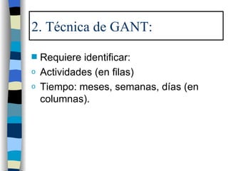 Requiere identificar: Actividades (en filas) Tiempo: meses, semanas, días (en columnas). 2. Técnica de GANT: 