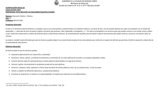 GOBIERNO E LA CIUDAD DE BUENOS AIRES
Ministerio de Educación
Escuela de Comercio Nº 31 D. E. Nº 9 “Naciones Unidas”
PLANIFICACIÓN ANUAL DE
CICLO LECTIVO: 2014
MODALIDAD: Perito Mercantil con Especialidad Impositiva Contable
Materia: Educación Estética – Plástica -
Año: 1º
Profesora: Barcia Analía
Propósitos Generales:
El arte es un fenómeno abierto dinámico y complejo y que se va construyendo y transformando con el devenir histórico. Las obras de arte son de carácter abiertas las cuales se completan con la mirada del
espectador (…) toda obra de arte nos parece implicar una parte que pertenece libre, disponible y contingente (…)1
. Por esto se acompañará a los alumnos para que puedan construir una mirada crítica y reflexi-
va por medio de la observación y análisis de distintas obras y movimientos artísticos. Se contextualizarán aquellas para brindarles mayores herramientas para poder analizar y construir una opinión sobre las
mismas.
La materia también estará enfocada para que los alumnos puedan adquirir los conocimientos propios de las artes plásticas por medio de un espacio de disfrute que permita y facilite la expresión y desarrollo de
la creatividad de cada alumno.
Objetivos Generales:
Se hará hincapié en que los alumnos puedan:
Expresarse plásticamente con autonomía y creatividad.
Reconocer, utilizar, aplicar, y combinar los elementos y contenidos de las artes plásticas de acuerdo a sus propias propuestas e ideas.
Conocer distintos tipos de representaciones y estilos plásticos desarrollados a lo largo de la historia.
Conocer y aplicar correctamente el vocabulario propio de las artes plásticas.
Construir y elaborar ideas, opiniones y críticas tanto de obras de artistas plásticos como de sus producciones y la de sus pares.
Valorar y respetar las diferentes opiniones y producciones plásticas.
Promover el compromiso, el esfuerzo, la responsabilidad y el respeto por medio de una actividad artística.
1
Ey, Henri (1950) “Estudio sobre los delirios” Cap. V “El surrealismo y los delirios”. Pág. 103
 