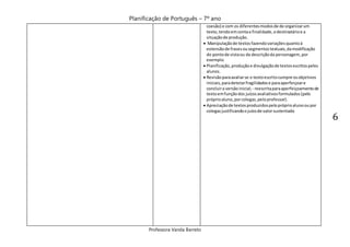 Planificação de Português – 7º ano
Professora Vanda Barreto
6
coesão) e com os diferentesmodosde de organizarum
texto, tendoemcontaa finalidade,odestinatárioe a
situaçãode produção.
 Manipulaçãode textos fazendovariaçõesquantoà
extensãode frasesousegmentostextuais,damodificação
do pontode vistaou da descriçãoda personagem,por
exemplo.
 Planificação,produçãoe divulgaçãode textosescritospelos
alunos.
 Revisãoparaavaliarse o textoescritocumpre osobjetivos
iniciais,paradetetarfragilidadese paraaperfeiçoare
concluira versãoinicial; - reescritaparaaperfeiçoamentode
textoemfunçãodos juízosavaliativosformulados(pelo
próprioaluno,porcolegas,peloprofessor).
 Apreciaçãode textosproduzidospelopróprioalunooupor
colegasjustificandoojuízode valorsustentado
 