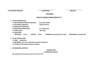 F.ESTUDIANTE MAESTRA                                  F.SUPERVISOR                              DIRECTOR

                                                               REFUERZO

                                              PLAN DE TRABAJO SIMULTÀNEO Nª 2
  6. DATOS INFORMATIVOS
     6.1 INSTITUCIÒN DE PRÀCTICA DOCENTE:         “Julio César Robles”
     6.2 ESTUDIANTE MAESTRA:                       Sandra Guerrero
     6.3 PROFESOR SUPERVISOR:
     6.4 PROFESAOR ORIENTADOR:                     Lic. Pedro Quelal
     6.5 AÑO LECTIVO:                              2011-2012
     6.6 UBICACIÒN:
         PROVINCIA: Carchi       CANTÒN:        Tulcán        PARROQUIA: Santa Martha de Cuba   COMUNIDAD: Chumbàn Alto

  7. DATOS CURRICULARES
     7.1 ÀREA: Matemática
     7.2 MÈTODO/S: Fases de la matemática-Inductivo-Deductivo
     7.3 TÈCNICA/S: Observación Directa e Indirecta

  8. INFORMACIÒN CIENTÌFICA
                                                               SEGUNDO AÑO
                                                             NUMEROS NATURALES
     Son aquellos que sirven para contar 1-2-3-4-5-6-7-8-9
 