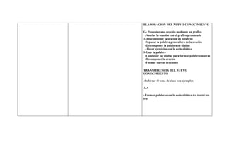 ELABORACION DEL NUEVO CONOCIMIENTO

G- Presentar una oración mediante un grafico
 -Asociar la oración con el grafico presentado
A-Descomponer la oración en palabras
 -Separar la palabra generadora de la oración
 -Descomponer la palabra en silabas
 - Hacer ejercicios con la serie silábica
S-Unir la palabra
 -Combinar las silabas para formar palabras nuevas
 -Recomponer la oración
 -Formar nuevas oraciones

TRANSFERENCIA DEL NUEVO
CONOCIMIENTO

-Reforzar el tema de clase con ejemplos

A.A

- Formar palabras con la serie silábica tra tre tri tro
tru
 