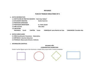 REFUERZO

                                            PLAN DE TRABAJO SIMULTÀNEO Nª 2
1. DATOS INFORMATIVOS
   1.1 INSTITUCIÒN DE PRÀCTICA DOCENTE: “Julio César Robles”
   1.2 ESTUDIANTE MAESTRA:                   Sandra Guerrero
   1.3 PROFESOR SUPERVISOR:
   1.4 PROFESAOR ORIENTADOR:                Lic. Pedro Quelal
   1.5 AÑO LECTIVO:                          2011-2012
   1.6 UBICACIÒN:
       PROVINCIA: Carchi       CANTÒN: Tulcán          PARROQUIA: Santa Martha de Cuba            COMUNIDAD: Chumbàn Alto

2. DATOS CURRICULARES
   2.1 ÀREA:Coordinación Visomotora - Matemática
   2.2 MÈTODO/S: Inductivo-Deductivo
   2.3 TÈCNICA/S: Observación Directa e Indirecta

3. INFORMACIÒN CIENTÌFICA
                                                               SEGUNDO AÑO
                                                      COORDINACION VISOMOTORA
   Existen muchas figuras que se las reconocen a simple vista ya que están a nuestro alrededor.
 