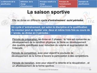La saison sportive 
Elle se divise en différents cycle d’entraînement ou/et périodes 
Un cycle d ’entraînement, qui selon la discipline et la qualification 
du coureur peut se répéter une, deux et même trois fois au cours de 
l ’année, se divise en 3 périodes : 
Période de préparation, se divise en 2 phases : la 1ère est consacrée au 
développement de la condition physique, la 2ème au développement 
des qualités spécifiques avec réduction du volume et augmentation de 
l’intensité. 
Période de compétition, avec pour objectif la poursuite de 
développement de la forme à travers la participation à des compétitions. 
Période de transition, avec pour objectif la détente et la récupération , et 
un affaiblissement de la forme sportive. 
P.Cossard CTN formation 23 
La démarche de la 
planification 
Définition de la 
charge 
d’Entraînement 
Principes relatifs à la 
charge 
d’Entraînement 
Principes de 
l’entraînement 
cyclique 
Exemples de 
planifications 
 