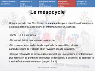 Définition de la 
charge 
d’Entraînement 
Principes relatifs à la 
charge 
d’Entraînement 
Principes de 
l’entraînement 
cyclique 
Le mésocycle 
La démarche de la 
planification 
Exemples de 
planifications 
Chaque période peut être divisée en mésocycles pour permettre à l ’entraîneur 
de mieux définir les orientations d ’entraînement d ’une période. 
P.Cossard CTN formation 24 
•Durée : 2 à 6 semaines. 
•Donner un thème pour chaque mésocycle 
•Commencer avec le dernier de la période de compétition et plus 
particulièrement de l ’objectif et en revenant ensuite en arrière. 
•Chaque mésocycle se termine généralement par une semaine d ’entraînement 
plus facile afin de permettre au coureur de récupérer, d ’assimiler, de stabiliser le 
travail effectué antérieurement (rapport 3 + 1). 
 