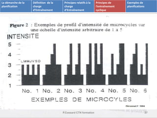 P.Cossard CTN formation 27 
La démarche de la 
planification 
Définition de la 
charge 
d’Entraînement 
Principes relatifs à la 
charge 
d’Entraînement 
Principes de 
l’entraînement 
cyclique 
Exemples de 
planifications 
 