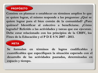 Consiste en plantear o establecer en términos amplios lo que se quiere lograr, el mismo responde a las preguntas: ¿Qué se quiere lograr para el bien común de la comunidad? ¿Para quiénes? Identificar al colectivo a beneficiarse. ¿Cómo lograrlo? Referido a las actividades y tareas que ese ejecutan. Debe estar relacionado con los principios de la CRBV, los Fines de la Educación y el P D E S N 2007 - 2013. Se formulan en términos de logros cualificables y cuantificables que especifiquen la situación esperada con el desarrollo de las actividades pautadas, determinadas en espacio y tiempo. PROPÓSITO META 