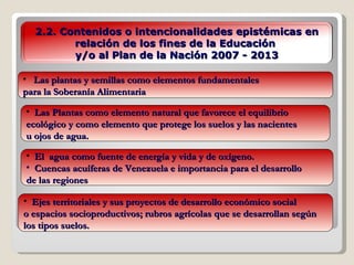 El  agua como fuente de energía y vida y de oxígeno. Cuencas acuíferas de Venezuela e importancia para el desarrollo de las regiones Las plantas y semillas como elementos fundamentales  para la Soberanía Alimentaria Las Plantas como elemento natural que favorece el equilibrio ecológico y como elemento que protege los suelos y las nacientes   u ojos de agua. 2.2. Contenidos o intencionalidades epistémicas en relación de los fines de la Educación  y/o al Plan de la Nación 2007 - 2013 Ejes territoriales y sus proyectos de desarrollo económico social  o espacios socioproductivos; rubros agrícolas que se desarrollan según  los tipos suelos. 