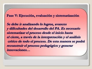 Fase V: Ejecución, evaluación y sistematización Se debe ir analizando lo logros, avances  y dificultades del desarrollo del PA. Es necesario  sistematizar el proceso desde el inicio hasta  el cierre, a través de la interpretación y el análisis crítico de todo el proceso. De esta manera se podrá  reconstruir el proceso pedagógico y generar  innovaciones… 