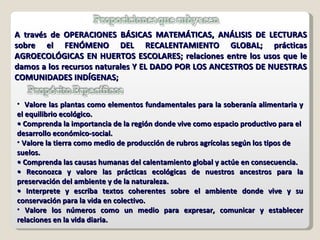 A través de OPERACIONES BÁSICAS MATEMÁTICAS, ANÁLISIS DE LECTURAS sobre el FENÓMENO DEL RECALENTAMIENTO GLOBAL; prácticas AGROECOLÓGICAS EN HUERTOS ESCOLARES; relaciones entre los usos que le damos a los recursos naturales Y EL DADO POR LOS ANCESTROS DE NUESTRAS COMUNIDADES INDÍGENAS;  Valore las plantas como elementos fundamentales para la soberanía alimentaria y el equilibrio ecológico. •  Comprenda la importancia de la región donde vive como espacio productivo para el desarrollo económico-social.  Valore la tierra como medio de producción de rubros agrícolas según los tipos de suelos. •  Comprenda las causas humanas del calentamiento global y actúe en consecuencia. •  Reconozca y valore las prácticas ecológicas de nuestros ancestros para la preservación del ambiente y de la naturaleza. •  Interprete y escriba textos coherentes sobre el ambiente donde vive y su conservación para la vida en colectivo. Valore los números como un medio para expresar, comunicar y establecer relaciones en la vida diaria. 