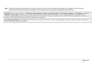 Página 7 de 7
NOTA: A planificação da disciplina de Tecnologias e Comunicação, não indica nem sugere uma sequencialidade temporal obrigatória na abordagem aos diferentes domínios.
Ao longo do ano serão desenvolvidos projetos, trabalhos ou outras atividades que promovam a abordagem simultânea dos diferentes domínios.
Avaliação: Conhecimentos e capacidades - 75% (Segurança, Responsabilidade e respeito em ambientes digitais -10%; Investigar e Pesquisar - 10%; Colaborar e comunicar –
15%; Criar e inovar- 40%) + Atitudes e valores - 25% (Ser assíduo e pontual; Ter hábitos de trabalho e persistência; Cumprir regras e prazos; Realizar as atividades/tarefas; Ser
cuidadoso na apresentação/organização das atividades (se aplicável); Ter o material necessário; Respeitar as opiniões dos outros e aceitar as diferenças; Responsabilizar-se pelas iniciativas
individuais e coletivas; Abordar com interesse e empenho as situações de aprendizagem)
Instrumentos de avaliação: Fichas de trabalho individual e/ou de grupo; Trabalhos de grupo e/ou individual; Fichas de avaliação sumativas e/ou Trabalho de Projeto; Participação oral;
Grelhas de observação; Grelhas de autoavaliação
 