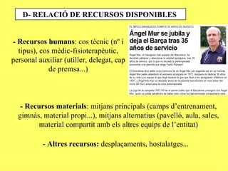 D- RELACIÓ DE RECURSOS DISPONIBLES


- Recursos humans: cos tècnic (nº i
  tipus), cos mèdic-fisioterapèutic,
personal auxiliar (utiller, delegat, cap
             de premsa...)



   - Recursos materials: mitjans principals (camps d’entrenament,
  gimnàs, material propi...), mitjans alternatius (pavelló, aula, sales,
        material compartit amb els altres equips de l’entitat)

           - Altres recursos: desplaçaments, hostalatges...
 