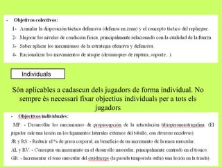 Individuals

Són aplicables a cadascun dels jugadors de forma individual. No
  sempre és necessari fixar objectius individuals per a tots els
                            jugadors
 