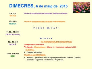 9 a 10 h
MATES
Prova de competències bàsiques: llengua catalana.
10 a 11 h
MÚSICA
Prova de competències bàsiques: matemàtiques.
L’ H O R A DEL P A T I
11:30 a 12:30 h
CATALÀ (tallers)
M I G D I A
15 a 15:45 h
CATALÀ
T9/ PROPORCIONALITAT I PERCENTATGES
Corregir exercicis de la PDI.
Agenda : Matemàtiques : dilluns 11 : Exercicis de repàs de la PDI.
LA BOTIGA.
 Compres a la botiga.
TALLERS de MATEMÀTIQUES .
 Robòtica : perímetre i àrea de figures geomètriques. Tablets . Geoplà:
perímetre i superfície. Pentaminos. Polyndrons.
15:45 a 16:30h
MEDI
DIMECRES, 6 de maig de 2015
 