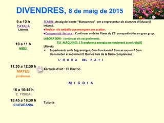 9 a 10 h
CATALÀ
Llibreta
TEATRE: Assaig del conte “Blancaneus” per a representar als alumnes d’Educació
Infantil.
♠Revisar els treballs que manquen per acabar.
♠Comprensió lectora : Continuar amb les fitxes de CB compartint-les en gran grup.
10 a 11 h
MEDI
LABORATORI- continuar els excperiments.
T5/ MÀQUINES ( Transforma energia en moviment o en treball)
Llibreta
 Experiments amb Engranatges. Com funcionen? Com es mouen? Com
transmeten el moviment? Quines lleis de la física compleixen?
L’ H O R A DEL P A T I
11:30 a 12:30 h
MATES
problemes
Xerrada d’art : El Barroc.
M I G D I A
15 a 15:45 h
E. FÍSICA
15:45 a 16:30 h
CIUTADANIA
Tutoria
DIVENDRES, 8 de maig de 2015
 