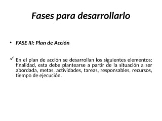 Fases para desarrollarlo
• FASE III: Plan de Acción
 En el plan de acción se desarrollan los siguientes elementos:
finalidad, esta debe plantearse a partir de la situación a ser
abordada, metas, actividades, tareas, responsables, recursos,
tiempo de ejecución.
 