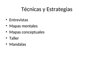 Técnicas y Estrategias
• Entrevistas
• Mapas mentales
• Mapas conceptuales
• Taller
• Mandalas
 