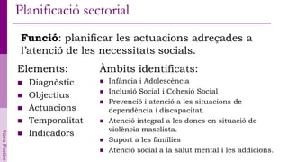 Planificació sectorial
                 Funció: planificar les actuacions adreçades a
                 l’atenció de les necessitats socials.
                Elements:          Àmbits identificats:
                   Diagnòstic        Infància i Adolescència
                                      Inclusió Social i Cohesió Social
                   Objectius
                                      Prevenció i atenció a les situacions de
                   Actuacions         dependència i discapacitat.
                   Temporalitat      Atenció integral a les dones en situació de
                                       violència masclista.
                    Indicadors
Núria Fustier




                
                                      Suport a les famílies
                                      Atenció social a la salut mental i les addicions.
 