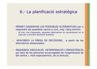 6.- La planificació estratègica


PERMET DISSENYAR LES POSSIBLES ALTERNATIVES per a
respondre als possibles canvis a curt, mig i llarg termini.
–   Al triar una d’aquestes, aquestes alternatives es converteixen en la
    base per a prendre decisions presents.


 AFAVOREIX LA PRESA DE DECISIONS,                    a partir de les
alternatives dissenyades.

REQUEREIX DEDICACIÓ, DETERMINACIÓ I PERSISTÈNCIA




                                                                           Professora: Roser Armengol
per part de les persones encarregades de l’organització de
del centre i, molt especialment, de la direcció.
 