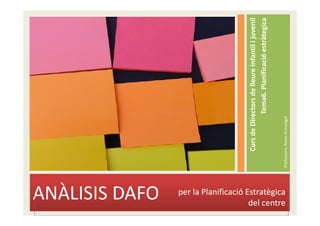 ANÀLISIS DAFO

                                          Curs de Directors de lleure infantil i juvenil
                                                      Tema6. Planificació estràtegica
per la Planificació Estratègica
                     del centre




                                  Professora: Roser Armengol
 