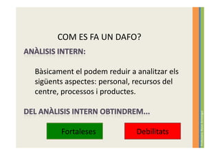 COM ES FA UN DAFO?


Bàsicament el podem reduir a analitzar els
sigüents aspectes: personal, recursos del
centre, processos i productes.




                                             Professora: Roser Armengol
       Fortaleses            Debilitats
 
