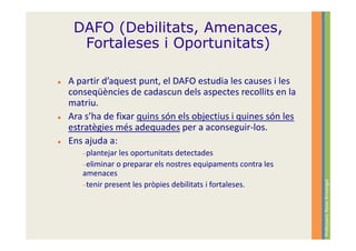 DAFO (Debilitats, Amenaces,
  Fortaleses i Oportunitats)

A partir d’aquest punt, el DAFO estudia les causes i les
conseqüències de cadascun dels aspectes recollits en la
matriu.
Ara s’ha de fixar quins són els objectius i quines són les
estratègies més adequades per a aconseguir-los.
Ens ajuda a:
   −plantejar les oportunitats detectades
   −eliminar o preparar els nostres equipaments contra les
   amenaces




                                                             Professora: Roser Armengol
   −tenir present les pròpies debilitats i fortaleses.
 