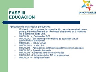 FASE III EDUCACION Aplicación de los Módulos propuestos: El diseño del programa de capacitación docente constará de un plan que se desarrollará en 10 meses distribuido en 5 módulos de 8 semanas cada uno. MODULO 1 - ¿Qué son las TIC? MODULO 2 – El e-learning como modelo de educación virtual (conociendo la plataforma) MODULO 4 – El tutor virtual MODULO 5 – La Web 2.0 MODULO 6 – Aplicación de estándares académicos internacionales MODULO 7 – Aprender haciendo MODULO 8 - Contenido para entornos virtuales MODULO 9 - Integración de las TIC en la educación MODULO 10 – Integración Web 