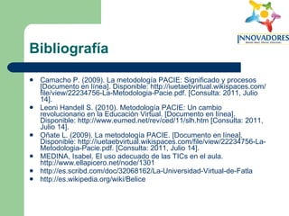 Bibliografía Camacho P. (2009). La metodología PACIE: Significado y procesos [Documento en línea]. Disponible: http://iuetaebvirtual.wikispaces.com/file/view/22234756-La-Metodologia-Pacie.pdf. [Consulta: 2011, Julio 14]. Leoni Handell S. (2010). Metodología PACIE: Un cambio revolucionario en la Educación Virtual. [Documento en línea]. Disponible: http://www.eumed.net/rev/ced/11/slh.htm [Consulta: 2011, Julio 14]. Oñate L. (2009). La metodología PACIE. [Documento en línea]. Disponible: http://iuetaebvirtual.wikispaces.com/file/view/22234756-La-Metodologia-Pacie.pdf. [Consulta: 2011, Julio 14]. MEDINA, Isabel. El uso adecuado de las TICs en el aula. http://www.ellapicero.net/node/1301 http://es.scribd.com/doc/32068162/La-Universidad-Virtual-de-Fatla http://es.wikipedia.org/wiki/Belice 
