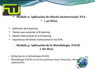 •    Modulo 2: Aplicación de Diseño Instruccional EVA
                                •   ( 40 Hrs).

•    Definición de E-learning
•    Teorías que sustentan el E-learning.
•    Diseño Instruccional en el E-learning.
•    Importancia del diseño Instruccional en los EVA.

         Modulo 3: Aplicación de la Metodología PACIE
                          ( 80 Hrs).

   Definición de la Metodología PACIE.
   Metodología PACIE en sus tres primeras fases: Presencia, Alcance,
    capacitación.
 