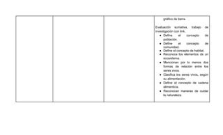 gráfico de barra.

Evaluación sumativa, trabajo de
investigación con link.
   ● Define      el     concepto    de
      población.
   ● Define      el     concepto    de
      comunidad.
   ● Define el concepto de habitat.
   ● Reconoce los elementos de un
      ecosistema.
   ● Mencionan por lo menos dos
      formas de relación entre los
      seres vivos.
   ● Clasifica los seres vivos, según
      su alimentación.
   ● Define el concepto de cadena
      alimenticia.
   ● Reconocen maneras de cuidar
      la naturaleza.
 