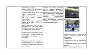 responden, en la guía:                creación de un mapa conceptual
¿Cómo obtendrá su alimentación        con las siguientes palabras o
la paloma y el pato?                  frases (también se pueden
¿Para qué les servirá el sol y el     agregar otras palabras que surjan
                                      en la conversación) : ecosistema,
agua a los seres vivos?
                                      elementos bióticos, elementos
¿Qué sucederá con los seres vivos     abióticos,         contaminantes,
de     una     misma    especie?,     consecuencias , beneficios, buena
reproducirse.                         salud, enfermedades, animales fotografía 8
¿Por qué crees que encontramos        muertos,      recreación,      se
basura en el suelo y no en los        reproducen los animales,
basureros?
¿Qué elementos de los que
encuentras en el suelo serán
beneficioso para la naturaleza?
¿Cuáles no son beneficiosos?

Crean un mapa conceptual, como
grupo curso, con los apuntes del                                      -Locomoción que los transporta al
papelógrafo, se registra en el                                        parque, autorización previa de los
cuaderno.                                                             apoderados.
                                                                      - 5 Monitores.
                                                                      - Cada alumno con su cuaderno y
Tarea con evaluación sumativa ,
                                                                      estuche.
deben contestar en sus cuadernos.
                                                                      - Colación saludable y agua por cada
revisan el siguiente link (plazo de
                                                                      alumno.
dos semanas)
                                                                      - Elementos de seguridad por cada
 