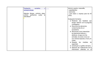 Evaluación       sumativa    y   alumno: guante, mascarilla.
autoaprendizaje.                 - papelógrafos.
                                 - plumones.
Además dibujan, próxima clase,   - guía clase 2, impresa para los 40
¿Cómo podríamos cuidar la        niños.
naturaleza?
                                 Evaluación formativa:
                                   ● Redactan dos hipótesis que
                                      tengan relación con la pregunta
                                      investigativa.
                                   ● Reconoce los elementos
                                      contaminantes de un
                                      ecosistema.
                                   ● Reconocen como interactúan
                                      los elementos bióticos y
                                      abióticos: el agua con los
                                      animales, los seres vivos con
                                      sus mismas especies, el sol y el
                                      medio.
                                   ● Respeta       las   medidas    de
                                      seguridad.
                                   ● Construyen un gráfico de barra.
                                   ● Deducen las implicancias de la
                                      información obtenida en el
 