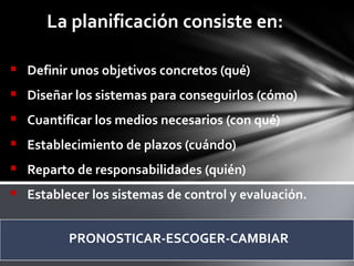  Definir unos objetivos concretos (qué)
 Diseñar los sistemas para conseguirlos (cómo)
 Cuantificar los medios necesarios (con qué)
 Establecimiento de plazos (cuándo)
 Reparto de responsabilidades (quién)
 Establecer los sistemas de control y evaluación.
PRONOSTICAR-ESCOGER-CAMBIAR
La planificación consiste en:
 