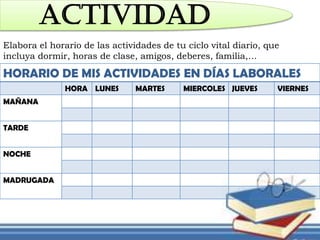 ACTIVIDAD
Elabora el horario de las actividades de tu ciclo vital diario, que
incluya dormir, horas de clase, amigos, deberes, familia,…
HORARIO DE MIS ACTIVIDADES EN DÍAS LABORALES
HORA LUNES MARTES MIERCOLES JUEVES VIERNES
MAÑANA
TARDE
NOCHE
MADRUGADA
 