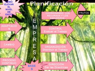 DIRECCIÓN
Dar las Directrices
ORGANIZACIÓN
Distribuir el Trabajo
CONTROL
Evaluar el Trabajo
E
M
P
R
E
S
APROCESO
CONTINUO
CAMBIO
ADAPTACIÓ
N
COORDINANDO LOS
RECURSOS Y LOS
ESFUERZOS
COMO
ELEVAR
EL
NIVEL
DE
EXITO
BASE
S
FRUTOS
 