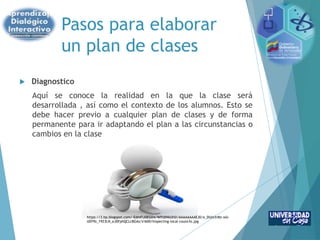 Pasos para elaborar
un plan de clases
 Diagnostico
Aquí se conoce la realidad en la que la clase será
desarrollada , así como el contexto de los alumnos. Esto se
debe hacer previo a cualquier plan de clases y de forma
permanente para ir adaptando el plan a las circunstancias o
cambios en la clase
https://3.bp.blogspot.com/-EdmFiJ0EGD4/WffdINkUhSI/AAAAAAAAEJ0/e_DUm3rMz-wU-
U0Y9z_19Z3LN_eJDFphQCLcBGAs/s1600/Inspecting-local-councils.jpg
 