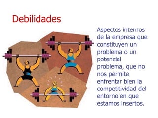 Debilidades Aspectos internos de la empresa que constituyen un problema o un potencial problema, que no nos permite enfrentar bien la competitividad del entorno en que estamos insertos. 