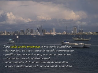 Para  cada acción propuesta  es necesario considerar:  descripción: en qué consiste la medida o instrumento  justificación: por qué se propone una u otra acción  vinculación con el objetivo central  inconvenientes de la no realización de la medida  actores involucrados en la realización de la medida.  