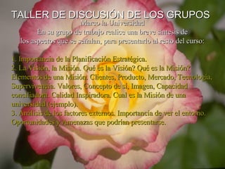 TALLER DE DISCUSIÓN DE LOS GRUPOS Marco la Universidad En su grupo de trabajo realice una breve síntesis de los aspectos que se señalan, para presentarlo al resto del curso: 1.  Importancia de  l a Planificación Estratégica.  2.  La Visión, la Misión. Qu é  es la Visión? Qu é  es la Misión? Elementos de una Misión. Clientes, Producto, Mercado, Tecnología, Supervivencia. Valores, Concepto de sí, Imagen, Capacidad conciliadora. Calidad Inspiradora. Cual es la Misión de una  universidad  (ejemplo).  3.  Análisis de los factores externos. Importancia de ver el entorno. Oportunidades y Amenazas que podrían presentarse.  