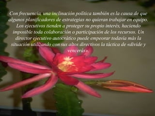 Con frecuencia, una inclinación política también es la causa de que algunos planificadores de estrategias no quieran trabajar en equipo. Los ejecutivos tienden a proteger su propio interés, haciendo imposible toda colaboración o participación de los recursos. Un director ejecutivo autocrático puede empeorar todavía más la situación utilizando con sus altos directivos la táctica de «divide y vencerás». 