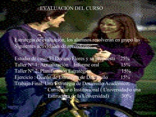 EVALUACIÓN DEL CURSO Estrategia de evaluación, los alumnos resolverán en grupo las  Siguientes actividades de aprendizaje: Estudio de caso: El Decano Flores y su propuesta  25% Taller N° 1: Actualización – Informe oral  15% Taller N° 2: Planificación Estratégica  15% Ejercicio : Diseño de Estrategia de Desarrollo  15% Trabajo Final: Una Estrategia de Desarrollo Académico,  Curricular o Institucional ( Universidad o una Esttructura de la Universidad)  30%  
