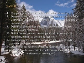 FASE II Comparar la evaluación de las alternativas de acción Determinar las mejores evaluadas: pertinencia ( con la misión  y objetivos ) y coherencia interna ( de las acciones, cambio e  impacto) Definir las capacidades que deben presentar los recursos  humanos para realizarlas Definir los recursos necesarios para realizarlas ( enfoque  pesimista, optimista, gestión de recursos ) Fundamentar los aspectos positivos y negativos de cada alternativa de acción. Determinar las posibles formas de realizarlas en el tiempo de acuerdo a los antecedentes de la evaluación ( las alternativas de acción se transforman en estrategias ) 