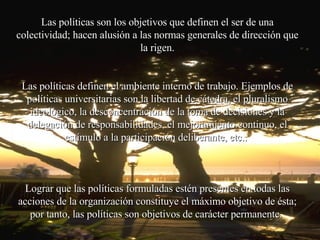 Las políticas son los objetivos que definen el ser de una colectividad; hacen alusión a las normas generales de dirección que la rigen. Las políticas definen el ambiente interno de trabajo. Ejemplos de políticas universitarias son la libertad de cátedra, el pluralismo ideológico, la desconcentración de la toma de decisiones y la delegación de responsabilidades, el mejoramiento continuo, el estímulo a la participación deliberante, etc..  Lograr que las políticas formuladas estén presentes en todas las acciones de la organización constituye el máximo objetivo de ésta; por tanto, las políticas son objetivos de carácter permanente.  
