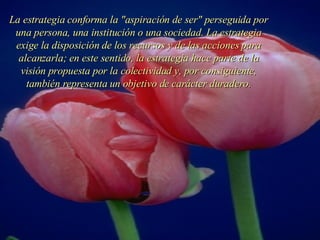 La estrategia conforma la "aspiración de ser" perseguida por una persona, una institución o una sociedad. La estrategia exige la disposición de los recursos y de las acciones para alcanzarla; en este sentido, la estrategia hace parte de la visión propuesta por la colectividad y, por consiguiente, también representa un objetivo de carácter duradero. 