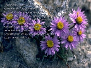 Al respecto, es preciso contar con la presencia de los ejecutivos o directivos de la institución o servicio, las jefaturas en sus distintos niveles, los representantes de las organizaciones laborales ligadas a la institución o servicio y los líderes naturales que suelen tener un mayor conocimiento de los diversos niveles de la organización, de sus operaciones y de sus aspectos más críticos.  