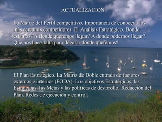 ACTUALIZACION: La Matriz del Perfil competitivo. Importancia de conocer a los más cercanos competidores. El Análisis Estratégico. Donde estamos? A donde queremos llegar? A donde podemos llegar? Que nos hace falta para llegar a donde queremos? El Plan Estratégico. La Matriz de Doble entrada de factores externos e internos (FODA). Los objetivos Estratégicos, las Estrategias, las Metas y las políticas de desarrollo. Redacción del Plan. Redes de ejecución y control. 