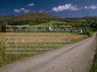 Éstas y otras técnicas pueden y deben ser utilizadas, no sólo al interior del equipo de planificación, sino también en sus contactos con otros miembros de la organización, cuando corresponda, por ejemplo, desarrollar entrevistas colectivas  o focus groups  o talleres en que se analicen y discutan las diferentes partes del plan con el conjunto de los  funcionarios del servicio. 
