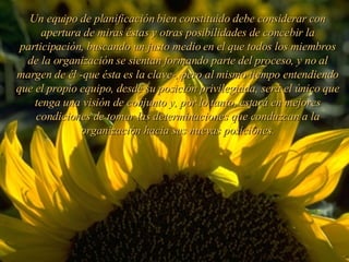 Un equipo de planificación bien constituido debe considerar con apertura de miras éstas y otras posibilidades de concebir la participación, buscando un justo medio en el que todos los miembros de la organización se sientan formando parte del proceso, y no al margen de él -que ésta es la clave-, pero al mismo tiempo entendiendo que el propio equipo, desde su posición privilegiada, será el único que tenga una visión de conjunto y, por lo tanto, estará en mejores condiciones de tomar las determinaciones que conduzcan a la organización hacia sus nuevas posiciones. 